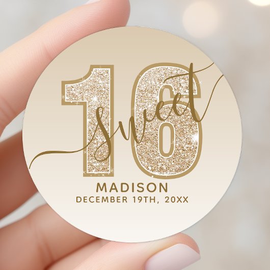 Gouden Glitter Script Sweet 16 Verjaardag Ronde Sticker