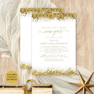Gouden Glitter Script Wit New Years Eve Party Kaart