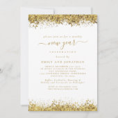 Gouden Glitter Script Wit New Years Eve Party Kaart (Voorkant)