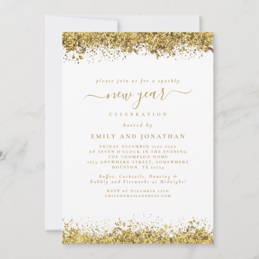 Gouden Glitter Script Wit New Years Eve Party Kaart (Voorkant)