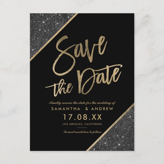 Gouden glitter script zwart opslaan van de datum aankondigingskaart (Voorkant)