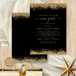 Gouden glitter script Zwart Oud en Nieuw feest Kaart