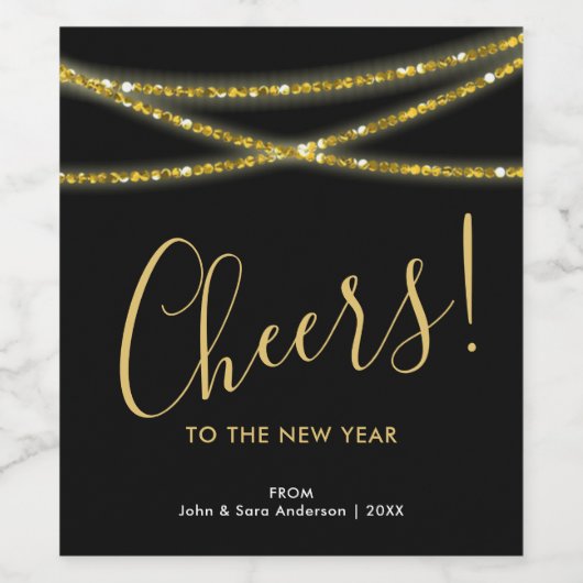 Gouden Glitter snaren | Proost op nieuwjaar Wijn Etiket (Enkel label)