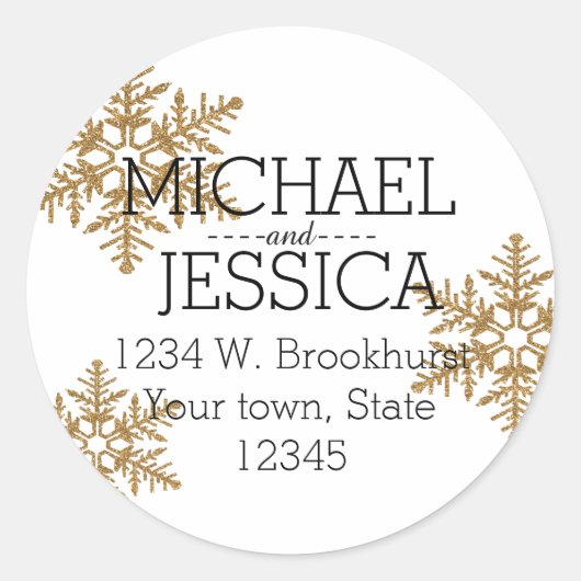Gouden Glitter Sneeuwvlok Gepersonaliseerd adres Ronde Sticker (Voorkant)