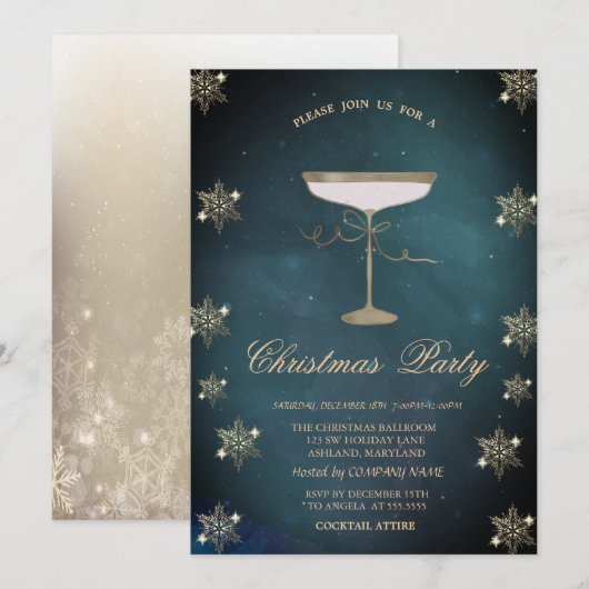 Gouden Glitter Sneeuwvlokken Champagne Glas Kerstm Kaart (Voorkant / Achterkant)