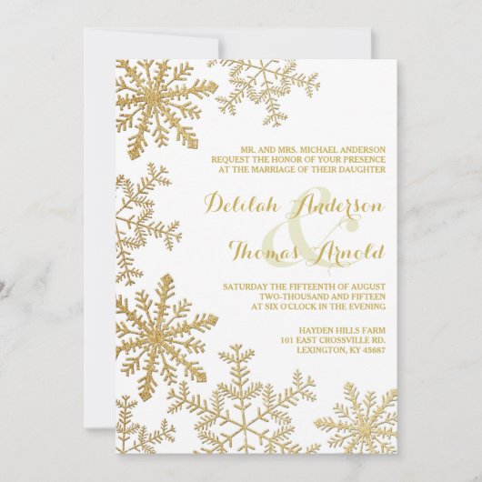 Gouden Glitter Sneeuwvlokken Elegante Winter Weddi Kaart (Voorkant)