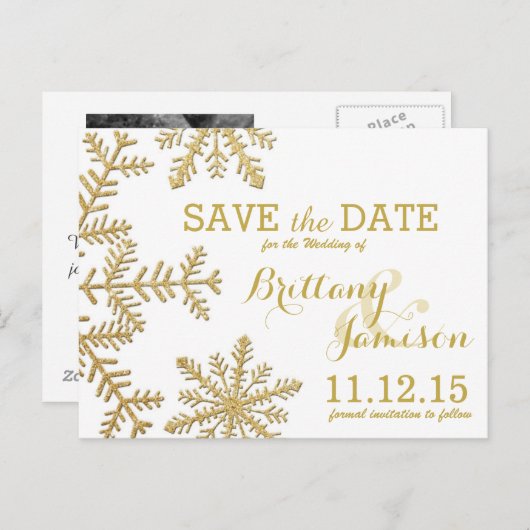 Gouden Glitter Sneeuwvlokken Winter Save the Date Aankondigingskaart (Voorkant / Achterkant)