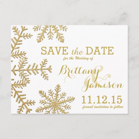 Gouden Glitter Sneeuwvlokken Winter Save the Date Aankondigingskaart (Voorkant)