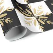 Gouden Glitter Sneeuwvlokken Zwart-wit Geruit Cadeaupapier (Rol Hoek)
