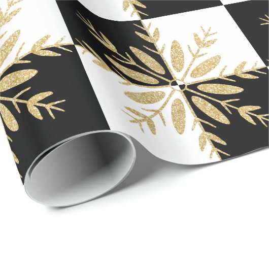 Gouden Glitter Sneeuwvlokken Zwart-wit Geruit Cadeaupapier (Rol Hoek)