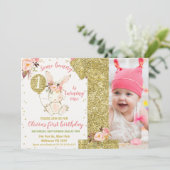 Gouden Glitter Sommige Konijntje 1e Verjaardag Kaart (Staand voorkant)