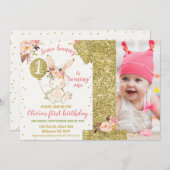 Gouden Glitter Sommige Konijntje 1e Verjaardag Kaart (Voorkant / Achterkant)