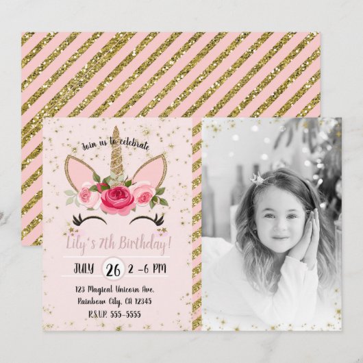 Gouden Glitter Sparkle Eenhoorn Verjaardagsfeestfo Kaart (Voorkant / Achterkant)