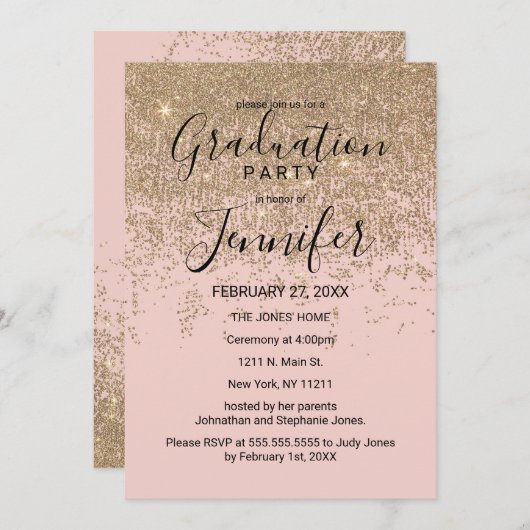 Gouden Glitter Sparkles Blush Pink Graduation Part Kaart (Voorkant / Achterkant)