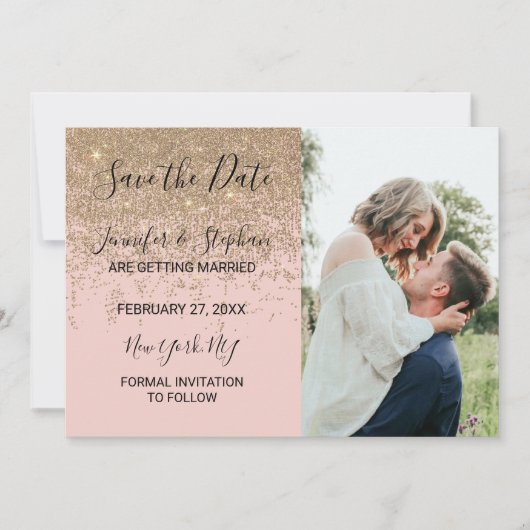 Gouden Glitter Sparkles Blush Roze Save the Dates Kaart (Voorkant)