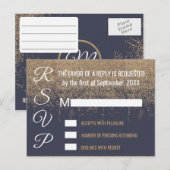 Gouden Glitter Sparkles Navy Blue RSVP's Uitnodiging Briefkaart (Voorkant / Achterkant)
