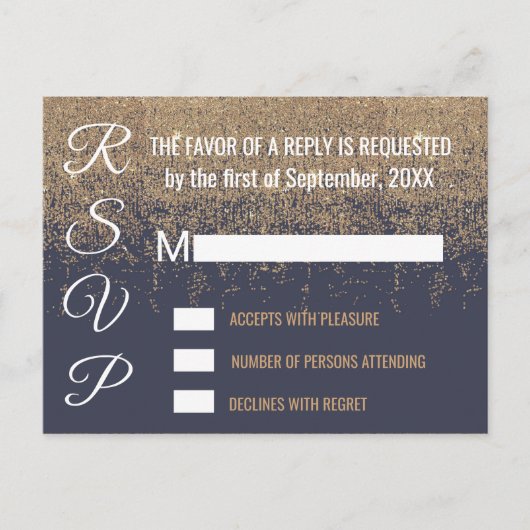 Gouden Glitter Sparkles Navy Blue RSVP's Uitnodiging Briefkaart (Voorkant)