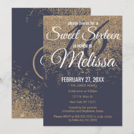 Gouden Glitter Sparkles Navy Blue Sweet 16 Kaart