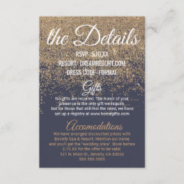 Gouden Glitter Sparkles Navy Blue Wedding Details Informatiekaartje