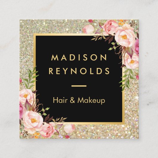 Gouden Glitter Sparkles Roze Bloemen Beauty Salon Vierkante Visitekaartje (Voorkant)