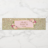 Gouden Glitter Sparkles Roze Bloemen Sweet 16 Part Waterfles Etiket (Enkel label)