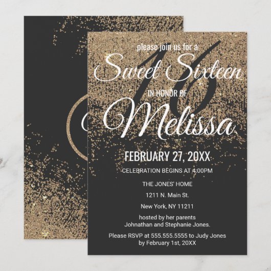 Gouden Glitter Sparkles Zwart Zoet 16 Kaart (Voorkant / Achterkant)