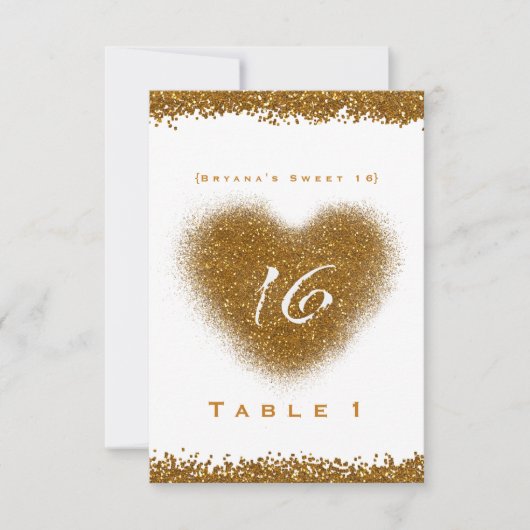 Gouden Glitter Spill Sweet 16 Hart Tafelnummer (Voorkant)