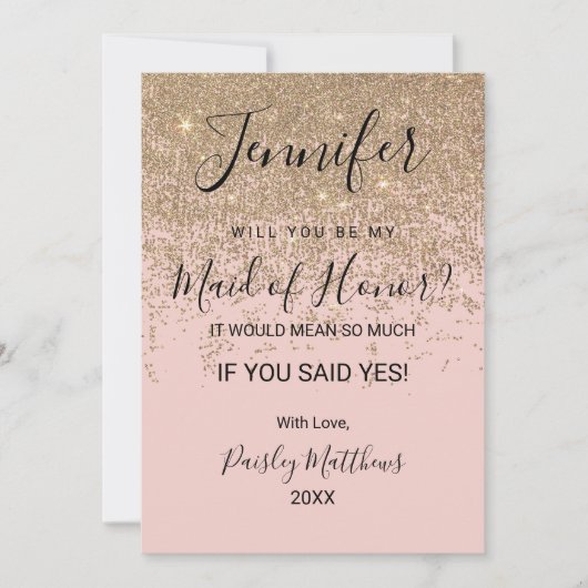 Gouden Glitter Sprankels Roze Blush Bruidsmeisje J Kaart (Voorkant)