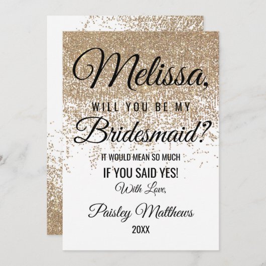 Gouden Glitter Sprankels Witte Bruidsmeisje Kaart (Voorkant / Achterkant)