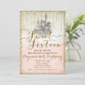 Gouden Glitter Sprookjesboek Kasteel Sweet 16 Kaart (Staand voorkant)