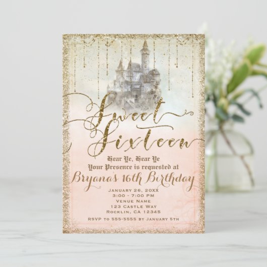 Gouden Glitter Sprookjesboek Kasteel Sweet 16 Kaart (Staand voorkant)