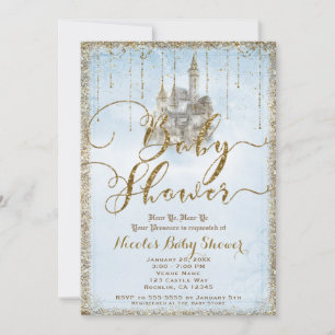 Gouden Glitter Sprookjeskasteel Blauwe Baby Shower Kaart