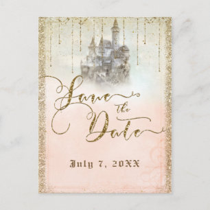Gouden Glitter Sprookjeskasteel Save the Date Aankondigingskaart