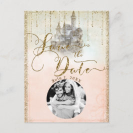 Gouden Glitter Sprookjeskasteel Save the Date Foto Aankondigingskaart
