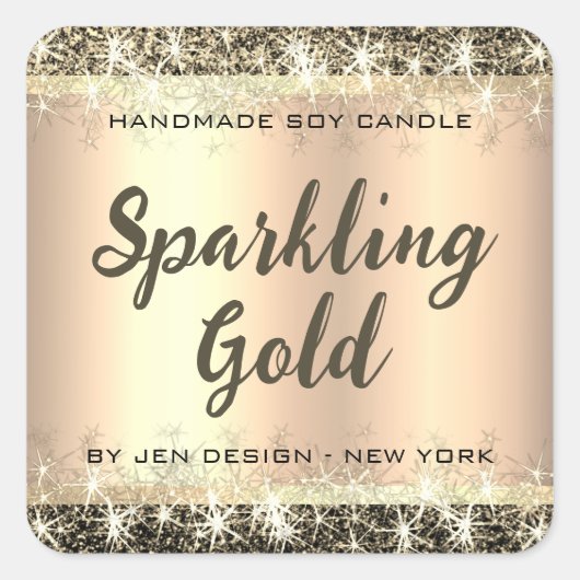 Gouden Glitter Sterren Aangepaste Naam Luxe Gouden Vierkante Sticker (Voorkant)