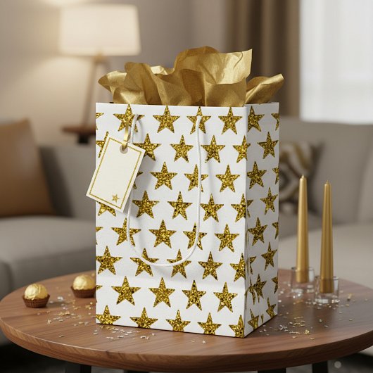 Gouden glitter sterren medium cadeauzakje