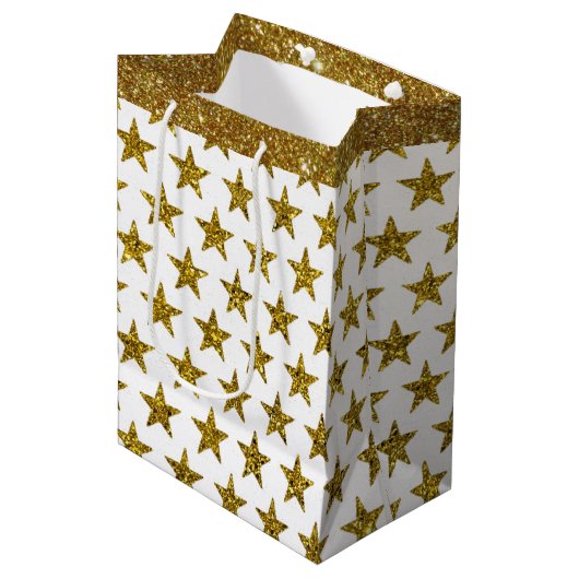 Gouden glitter sterren middel grote cadeautas (Voorkant Gekanteld)