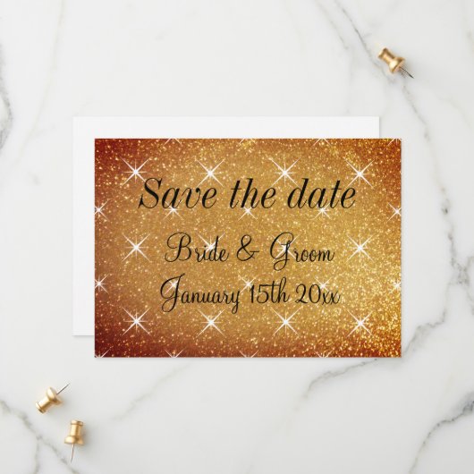 Gouden glitter sterren Save the date trouwkaarten (Voorkant / Achterkant in situ)
