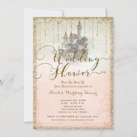 Gouden Glitter Storybook Kasteel Bruiloft Douche Kaart (Voorkant)