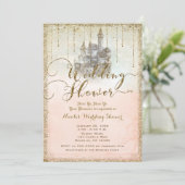 Gouden Glitter Storybook Kasteel Bruiloft Douche Kaart (Staand voorkant)