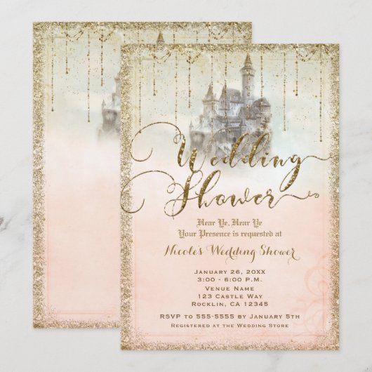 Gouden Glitter Storybook Kasteel Bruiloft Douche Kaart (Voorkant / Achterkant)