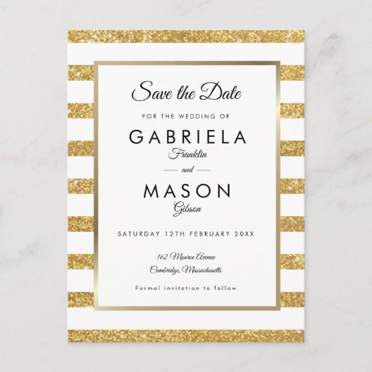 Gouden Glitter Streep Save the Date Briefkaart (Voorkant)