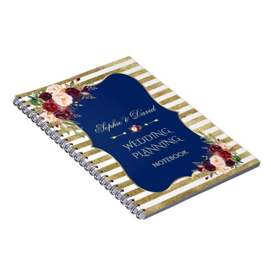 Gouden Glitter Strepen Blush Bloemen Bruiloftsplan Notitieboek (Rechterzijde)