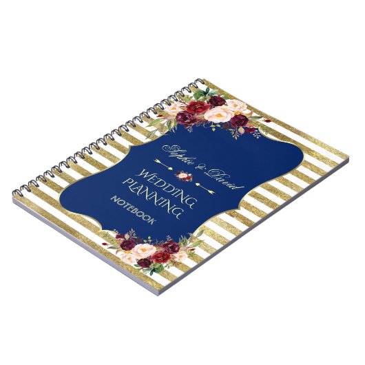 Gouden Glitter Strepen Blush Bloemen Bruiloftsplan Notitieboek (Linkerzijde)