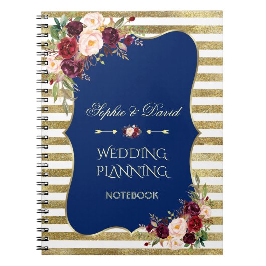 Gouden Glitter Strepen Blush Bloemen Bruiloftsplan Notitieboek (Voorkant)