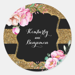 Gouden Glitter Strepen en Roze Bloemen  Chic Ronde Sticker