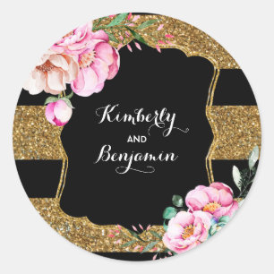 Gouden Glitter Strepen en Roze Bloemen  Chic Ronde Sticker