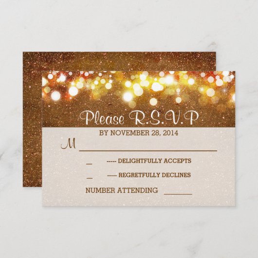 gouden glitter string lichten romantische bruiloft RSVP kaartje (Voorkant / Achterkant)
