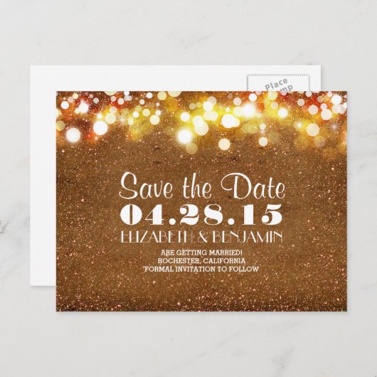 Gouden glitter string van lichten Save the date Aankondigingskaart (Voorkant / Achterkant)