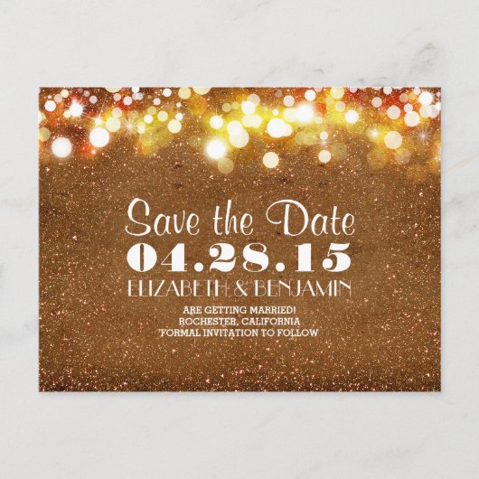 Gouden glitter string van lichten Save the date Aankondigingskaart (Voorkant)